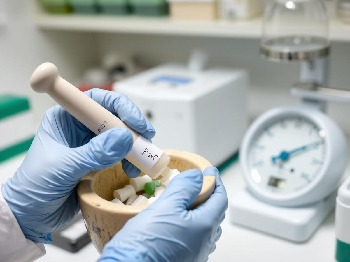 Farmacêutica manipulando fórmula com precisão em laboratório